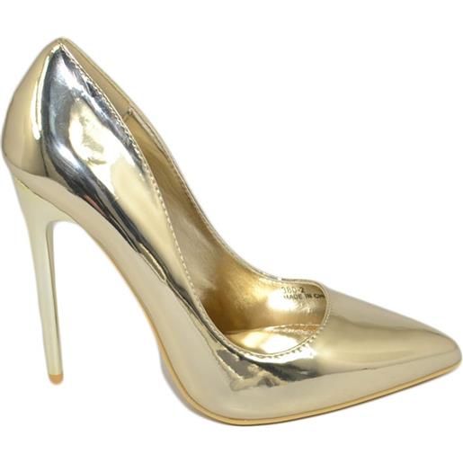 Malu Shoes decollete' donna a punta oro tacco a spillo 12 cm eco pelle lucido specchio comode platino scarpe per cerimonie eventi