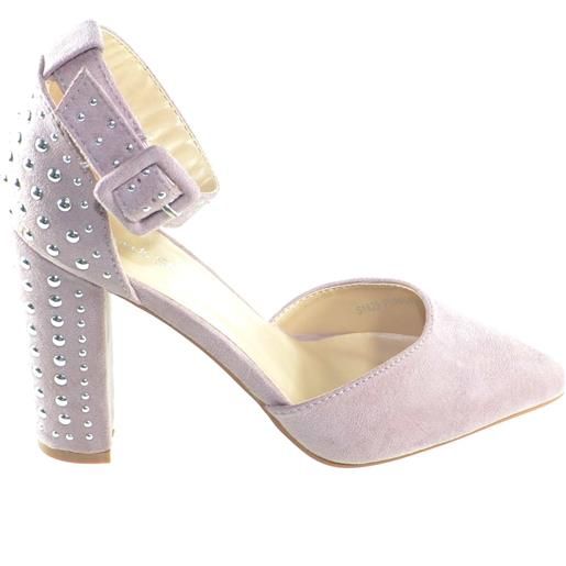 Malu Shoes decollete' aperto scarpe donna a punta in camoscio rosa con tacco rotondo borchiato e cinturino alla caviglia moda