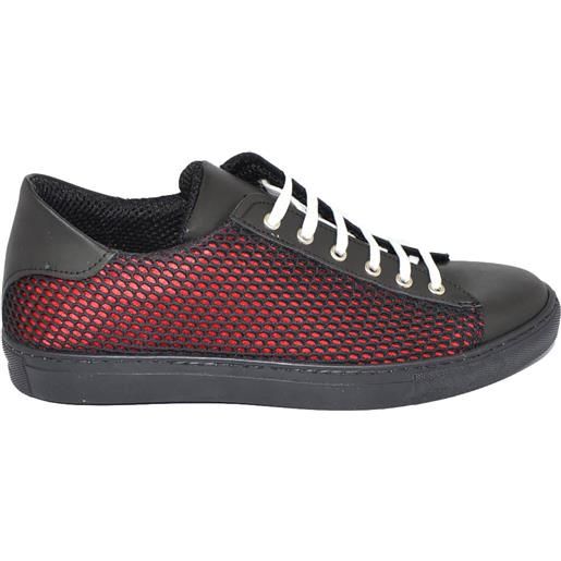 Malu Shoes sneakers uomo sportiva casual in vera pelle impermeabile tessuto a rete bicolore nero rosso moda lacci made in italy