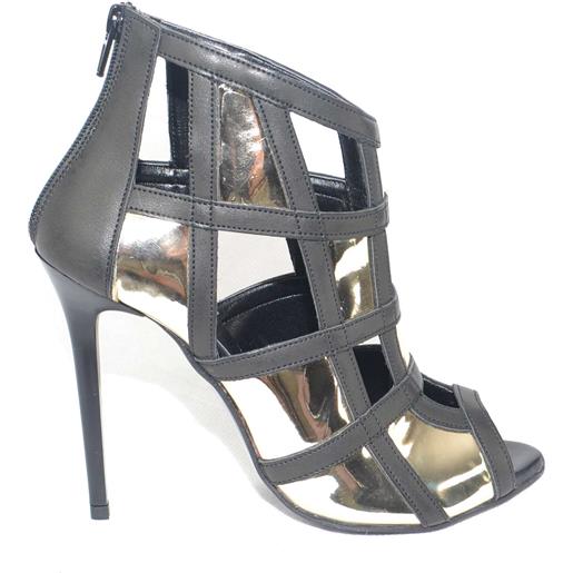 Malu Shoes scarpe tronchetto donna a scacchi forma quadrata forato in pelle nero e specchio oro tacco a spillo vera pelle