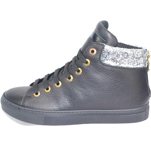 Malu Shoes sneakers altascarpe donna in vera pelle bortolata nera con inserto glitter argento e zip dorata
