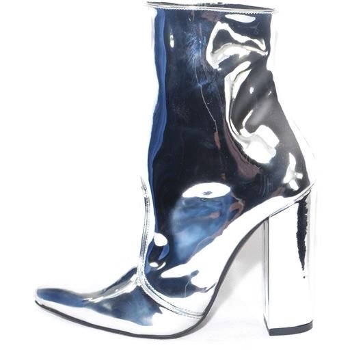 Malu Shoes scarpe donna tronchetto punta specchiato argento made in italy glamour moda tacco largo
