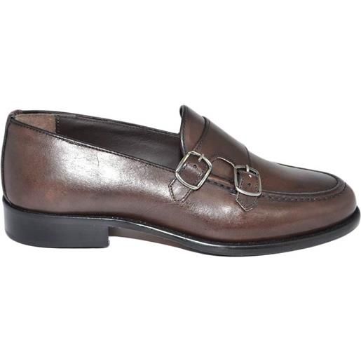 Malu Shoes scarpe uomo con fibbia doppia marrone sottile derby vintage in vera pelle crust slip on business linea dandy