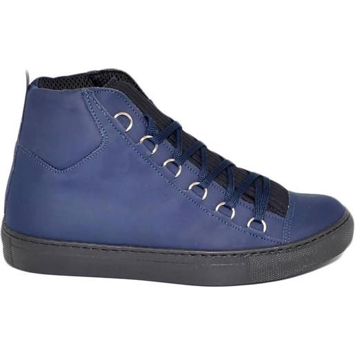 Malu Shoes sneakers alta blu in vera pelle gommata blu impermeabile e ganci con laccio tessuto centrale moda street giovane