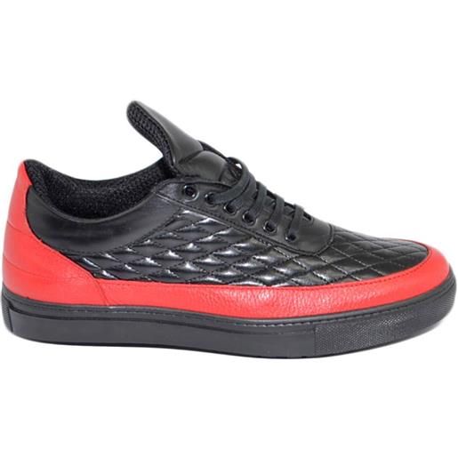 Malu Shoes sneakers bassa uomo effetto trapunta in vera pelle con linguetta alta bicolore nera rossa moda street made in italy