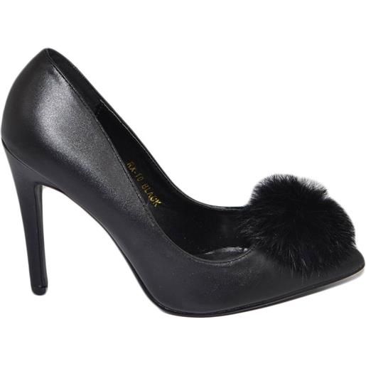 Malu Shoes decollete' donna nero a punta con pon pon peluche effetto pelle linea basic tacco a spillo 12 cm moda luxury