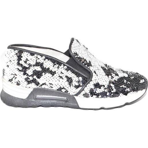 Malu Shoes sneaker slip on mocassino donna pailettes nero bianco in vera pelle made in italy risvoltabili fondo running glamour