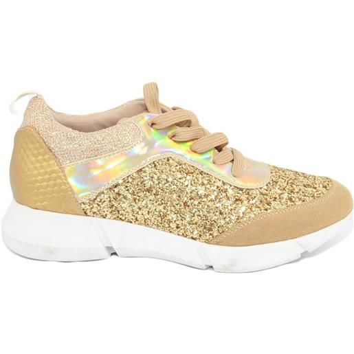 Malu Shoes sneakers bassa donna glitterato oro effetto sirena con fondo bianco fortino in tinta rigato moda comfort antistrecth