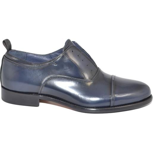 Malu Shoes scarpe uomo stringata elastico inglese punta alzata vera pelle lucida blu made in italy fondo vero cuoio con antiscivolo