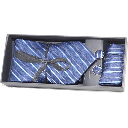 Malu Shoes set coordinato uomo cravatte con gemelli e pochette blu con fantasia a righe elegante cerimonia