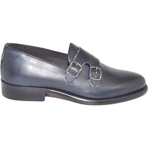 Malu Shoes scarpe uomo mocassino con fibbia doppia blu sottile derby vintage in vera pelle crust slip on business fondo vero cuoio