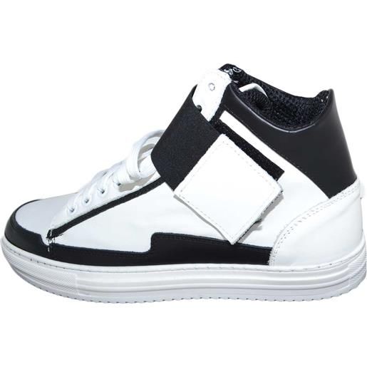 Malu Shoes sneakers alta art. 8189 in vera pelle bianco nero bicolore con strappo ed elastico nero made in italy fondo antiscivolo