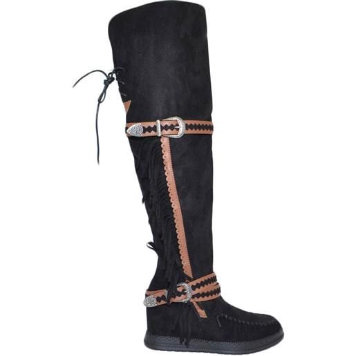 Malu Shoes stivali donna indianini nero scamosciati alti sopra al ginocchio frange zeppa interna 5 cm cinturino fibbia moda ibiza