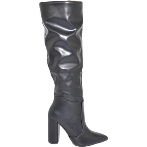 Malu Shoes stivale donna alto rigido in pelle nero con tacco largo stampa liscio linea basic a punta moda altezza ginocchio