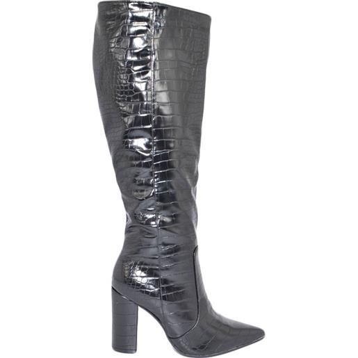 Malu Shoes stivale donna alto rigido in pelle lucida nero con tacco largo stampa cocco animalier a punta moda altezza ginocchio