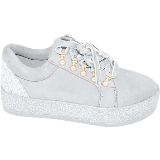 Malu Shoes sneakers bassa art. 7666 nabuk grigio con fortino glitter e accessori oro fondo glitter