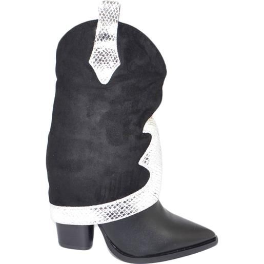 Malu Shoes stivale tronchetto donna a punta nero con tacco targo e risvoltone shark in camoscio fascia laminata argento moda trend