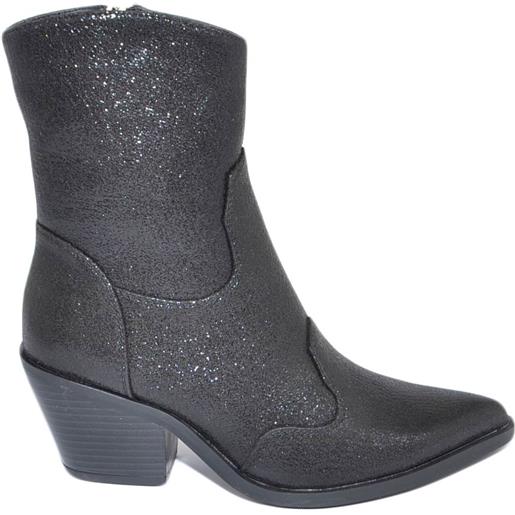 Malu Shoes tronchetto donna camperos stivaletto nero in lurex satinato con tacco western 5 cm comodo moda trend
