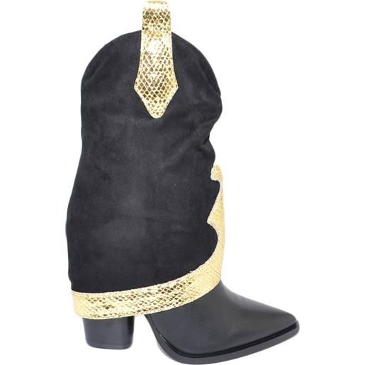 Malu Shoes stivale tronchetto donna a punta nero con tacco targo e risvoltone shark in camoscio con fascia laminata oro moda trend