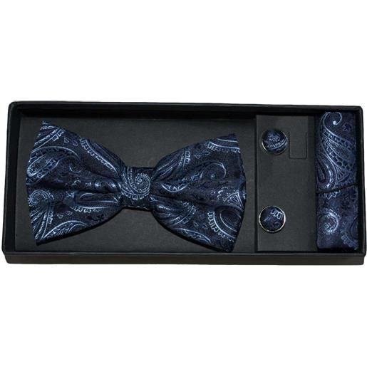 Malu Shoes set coordinato uomo papillon con gemelli e pochette blu fantasia elegante cerimonia