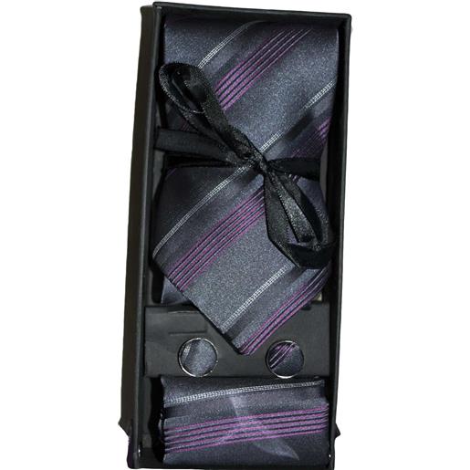 Malu Shoes set coordinato uomo cravatte con gemelli e pochette nero viola fantasia righe elegante cerimonia