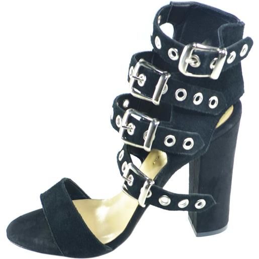 Malu Shoes sandali tacco doppio nero art. St9094 made in italy accessori fibbia argento camoscio moda comfort fondo antiscivolo