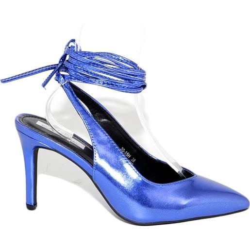 Malu Shoes scarpa tacco donna blu elettrico sandalo punta tallone scoperto allacciatura schiava caviglia lacci scollo v decollete