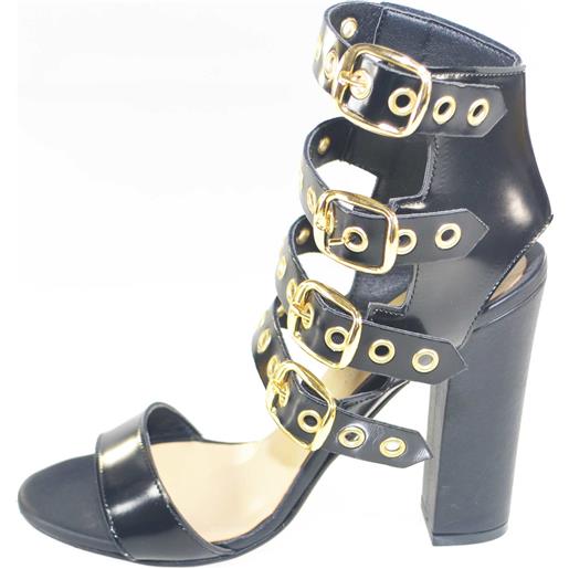 Malu Shoes sandali tacco doppio nero pelle art. St9048 made in italy accessori fibbia oro moda comfort fondo antiscivolo