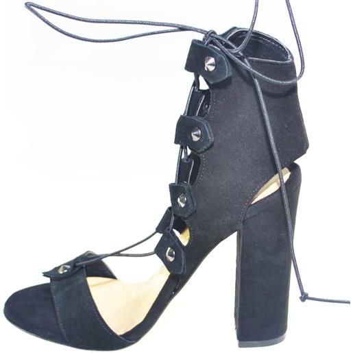 Malu Shoes sandali tacco doppio nero art. St9098 made in italy accessori borchie stringhe lacci pelle camoscio moda comfort fondo antiscivolo