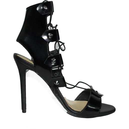 Malu Shoes sandali tacco nero art. St9099 made in italy accessori borchie stringhe lacci pelle lucido moda comfort fondo antiscivolo