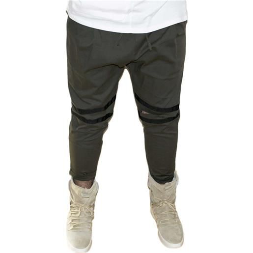 Malu Shoes pantaloni jogger verdi uomo con elastico e coulisse e tasche laterali strappi sul ginocchio striscia nera moda giovane