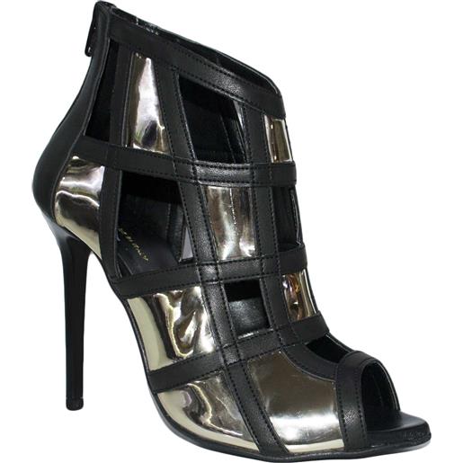 Malu Shoes scarpe tronchetto donna a scacchi forma quadrata forato in pelle nero e specchio argento tacco a spillo vera pelle