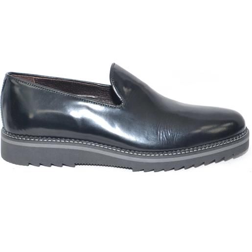 Malu Shoes scarpe uomo mocassino pelle nero lucido abrasivato fondo righo grigio squaletto comfort made in italy