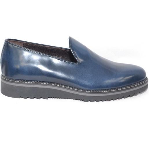 Malu Shoes scarpe mocassino pelle blu lucido abrasivato fondo nero righo grigio squaletto comfort made in italy