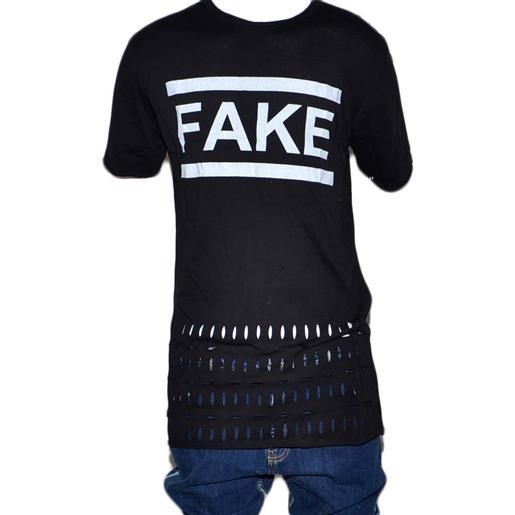 Malu Shoes t-shirt uomo nero basic con fori black e stampa fake slim fit estate moda giovanile