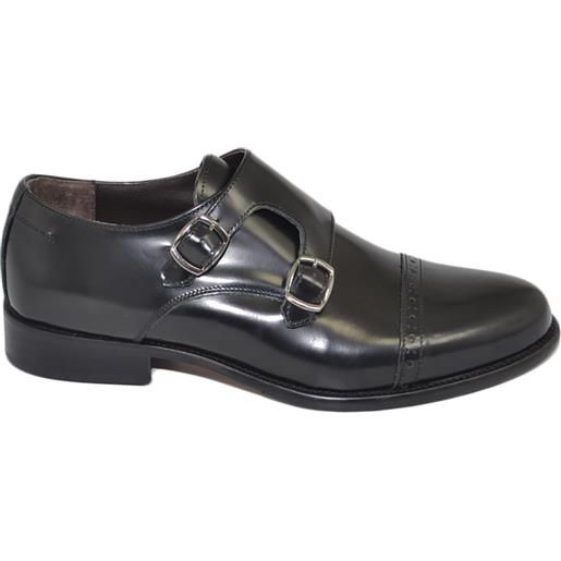 Malu Shoes scarpe uomo francesina nera pelle lucida fondo cuoio antiscivolo nero doppia fibbia genuine leather
