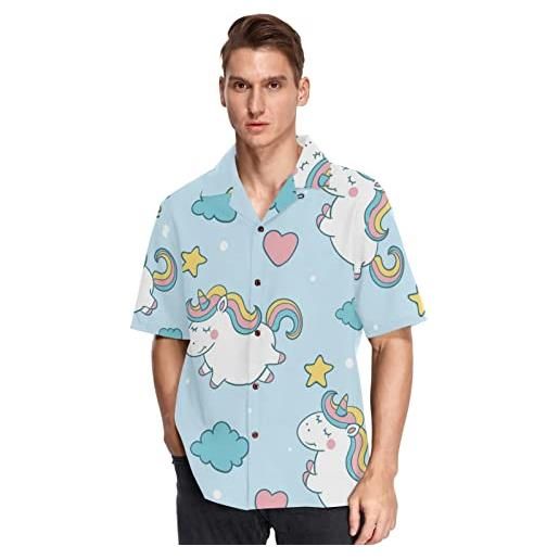 KAAVIYO cuore blu unicorno felice camicia hawaiana da uomo manica corta casual abbottonatura frontale pantaloncini da spiaggia