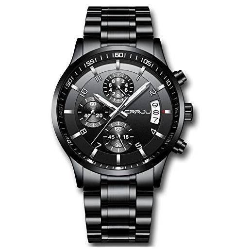 CRRJU orologio da polso da uomo con cronografo al quarzo, impermeabile, cinturino in acciaio inossidabile nero, nero , 42 mm, classico