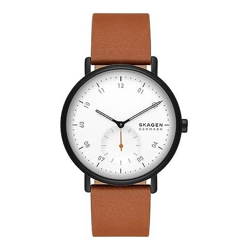 Skagen orologio da uomo kuppel, sub-second a due lancette, in acciaio inossidabile con cassa da 44 mm e cinturino in pelle o acciaio, bianco (white)