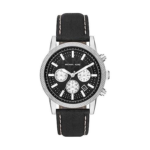 Michael Kors orologio hutton da uomo, movimento cronografo, cassa in acciaio inox 43 mm con cinturino in pelle, mk8956, nero e argento