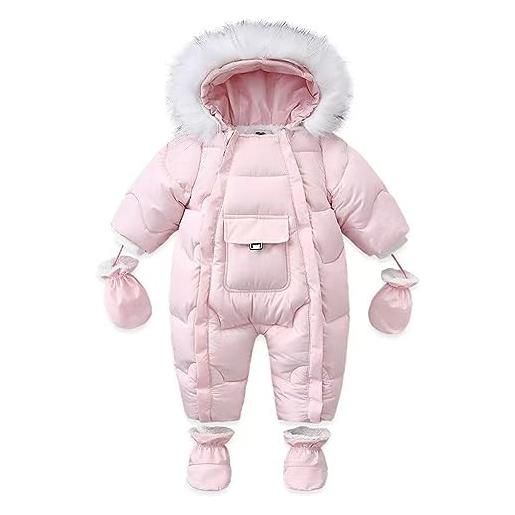 BRONG bambino inverno tuta da neve con cappuccio giacca piedi pagliaccetto con guanti neonato tuta con pelliccia staccabile blu 12-18 mesi