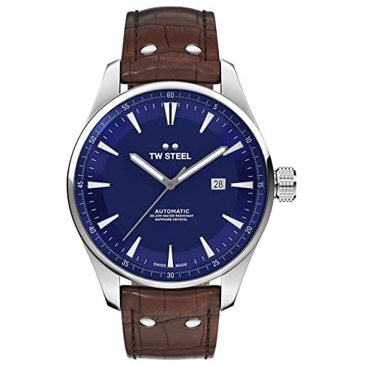 TW Steel ace aternus mens 45mm automatic watch with blue dial brown silicon strap, and date calendar ace323