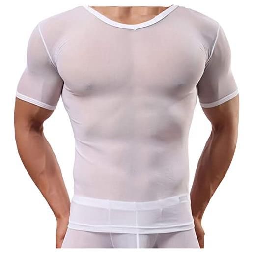 Panegy, maglietta a maniche corte da uomo, sensuale, trasparente, vestibilità aderente, biancheria intima, in bianco/nero, bianco, l