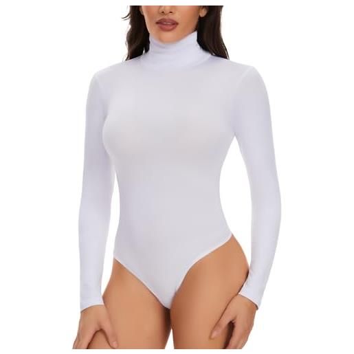 Joyshaper body manica lunga donna perizoma body top scollo rotondo bodysuit elegante a coste camicetta con bottoni tuta aderente, bianco, m