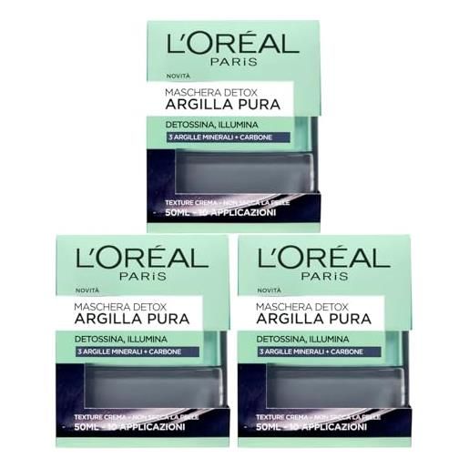 L'Oréal Paris argilla pura maschera viso detox al carbone trattamento detossificante e illuminante - 3 barattoli da 50ml