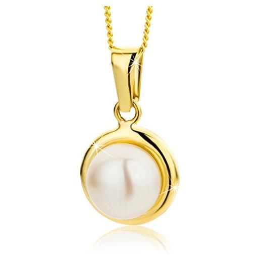 Orovi collana oro giallo con perla, vero oro 9kt 375, catenina con perla coltivata adagiata su un bordo di oro lucido - ciondolo e catena anallergici. Catenina lunga cm. 45. 