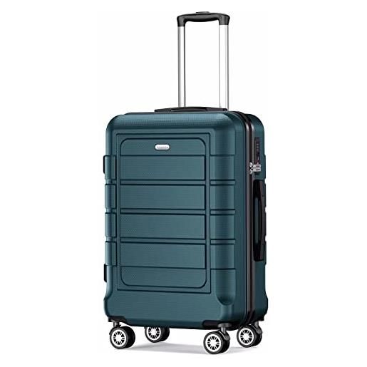 SHOWKOO valigia piccola trolley cabin bagaglio a mano 55x40x20cm ultra leggero abs+pc durevole valige trolley da viaggio con chiusura tsa e 4 ruote doppie, verde scuro -m
