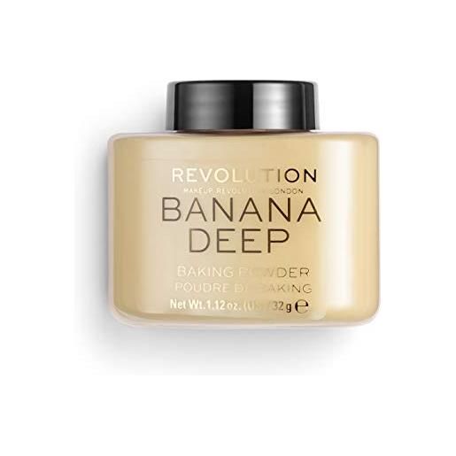 Makeup Revolution, loose baking powder, prolunga l'usura del trucco, polvere fissante per il trucco, banana profonda, per pelli di tonalità da media a scura, 32g