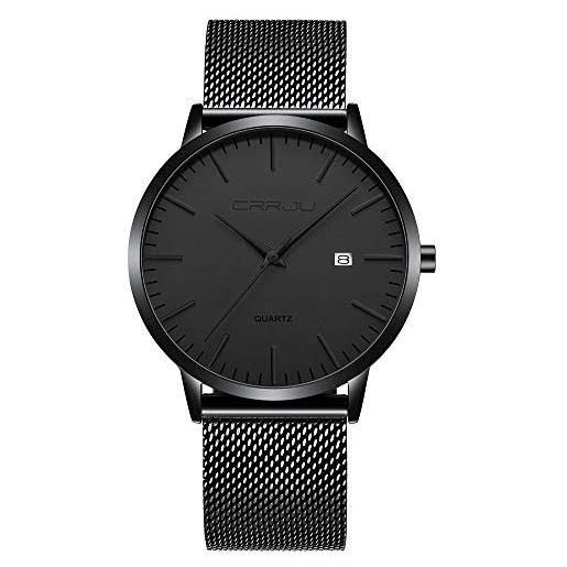 CRRJU - orologio da polso da uomo, ultra sottile, alla moda, elegante, 7 mm, in acciaio inox, cinturino in rete impermeabile a-nero nero argento