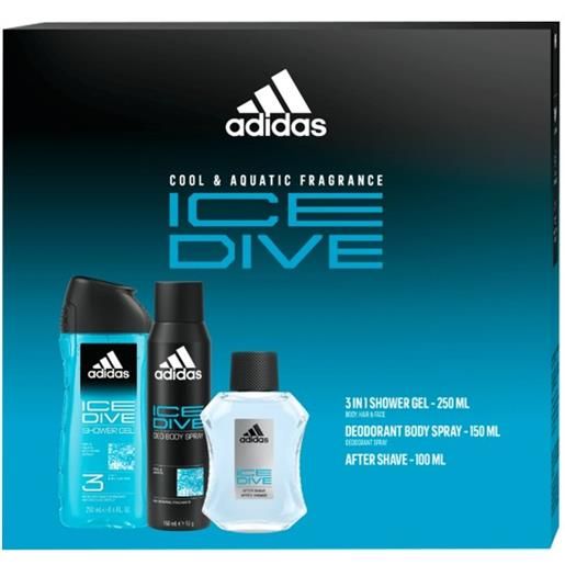 Adidas ice dive - tonico dopobarba 100 ml + gel doccia 250 ml + deodorante spray 150 ml